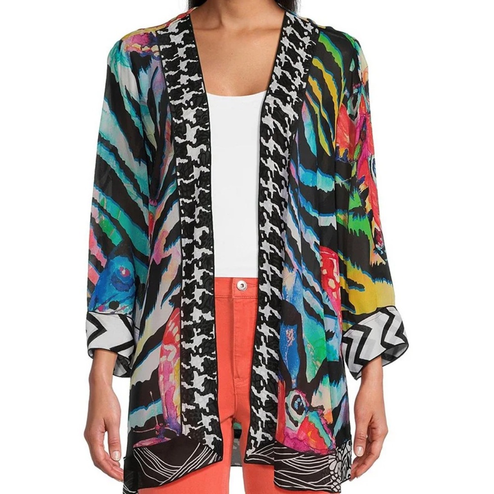 John Mark Mixed Print 3/4 Cuffed Sleeve Asymmetrical Hem Open-Front Woven Kimono